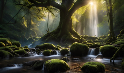 A mysterious forest with ancient trees, beams of light and waterfalls