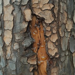 Close-up photo of tree bark with cracks and amber sap droplets, hyper-realistic, showcasing intricate natural details.