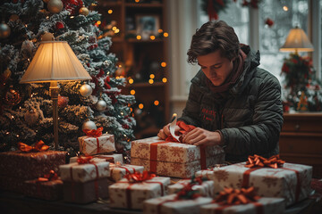 Wall Mural - A cozy Christmas gift-wrapping station with a person carefully wrapping gifts, surrounded by festive supplies.