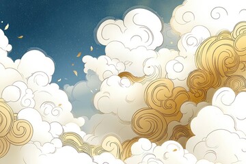 Poster - Abstract Whimsical Cloudscape with Golden Swirls