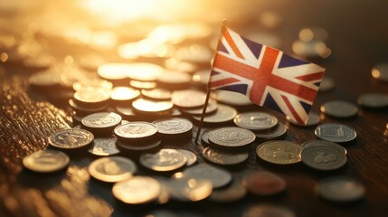 A flag is on top of a pile of coins