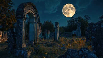 Poster - A graveyard at night with a full moon in the sky