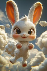 Poster - Cute Cartoon Bunny Rabbit Flying in the Clouds