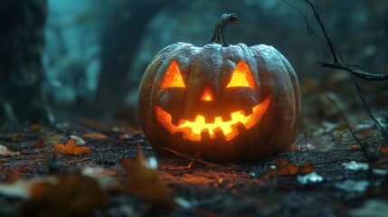 Poster - A pumpkin with a smiley face on it is lit up in the dark