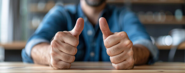 Closeup of a person giving two thumbs up on a wooden table, symbolizing approval, positivity, and encouragement.