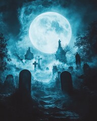 Poster - A graveyard with two headstones and a large moon in the sky