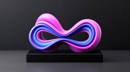 Wall Mural - A vibrant abstract sculpture showcases intertwined pink and blue curves, elegantly placed on a black pedestal against a dark backdrop