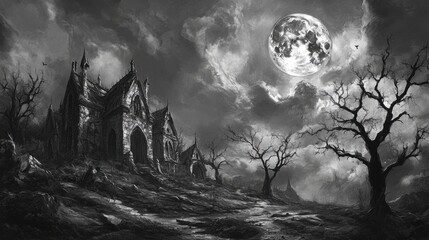 Wall Mural - A dark and eerie scene with a large moon in the sky