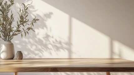 Sticker - A table with a vase of leaves and a shadow on the wall