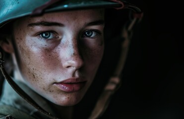 Poster - Intense gaze of a soldier in combat gear