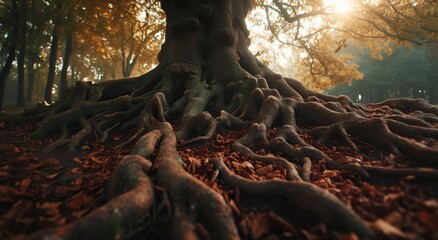 Canvas Print - Autumn forest with intricate tree roots