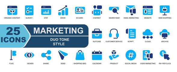 icon set marketing, duo tone style. contains shopping bag, schedule, calendar, product, social media, hashtag, video marketing, video content, pay per click, money, click money.