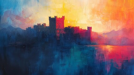 Poster - Abstract Castle Sunset Painting