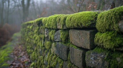 Wall Mural - Moss-covered stone wall in foggy forest