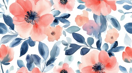 Canvas Print - A watercolor painting of a flower garden with pink and blue flowers