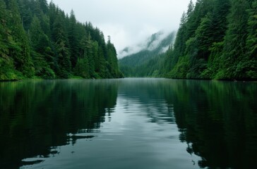 Wall Mural - Serene forest lake surrounded by lush green trees