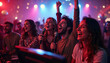 © abu - Friends at a lively karaoke party in a brightly lit nightclub, enjoying with joy and vibrant decorations.