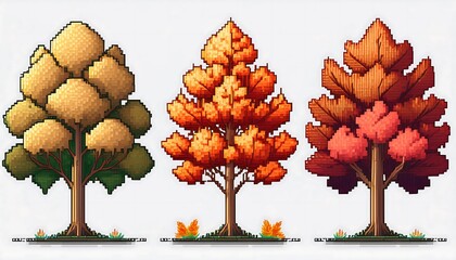 Wall Mural - Pixel Art Autumn Trees - 16-bit pixel art asset collection with a focus on autumn trees. Isolated on white background. Game Design assets collection. Graphics art 8 bit illustration. Ai generated