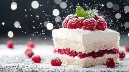 Poster - Delicious winter dessert with fresh raspberries and powdered sugar