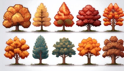 Wall Mural - Autumn Pixelated Forest Set - 16-bit pixel art collection of different autumn trees. Game Design asset collection. Isolated on white background. Graphic art 8 bit illustration