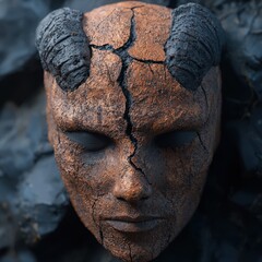 Poster - Cracked and weathered stone face sculpture