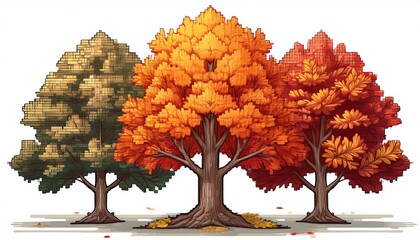 Wall Mural - Centered Fall Pixelated Foliage - 16-bit pixel art collection of autumn trees. Game Design assets collection. Isolated on white background. Graphics art 8 bit illustration symbols