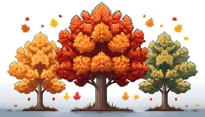 Wall Mural - Centered Fall Pixelated Foliage - 16-bit pixel art collection of autumn trees. Game Design assets collection. Isolated on white background. Graphic artwork 8 bit illustration