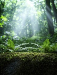 Poster - Lush green forest with ferns and sunlight