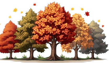 Wall Mural - Centered Fall Pixelated Foliage - 16-bit pixel art collection of autumn trees. Game Design assets collection. Isolated on white background. Gaming Graphics art 8 bit illustration