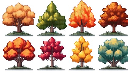 Wall Mural - Autumn Fall Pixelated Foliage - 16-bit pixel art collection of autumn trees. Game Design assets collection. Isolated on white background. Graphics art 8 bit illustration