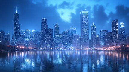 Poster - Skyline Of A Coastal City At Night With Reflections