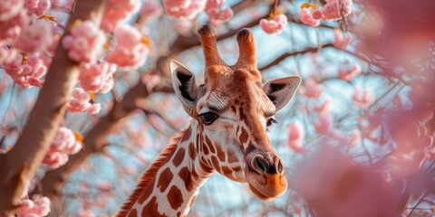 Giraffe Under a Blooming Cherry Tree