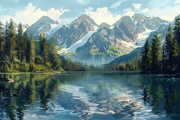 Sticker - Tranquil Alpine Lake Amidst Towering Pines