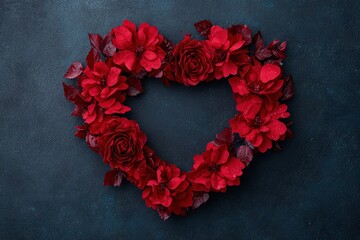 Poster - Heart-shaped wreath of red roses and flowers