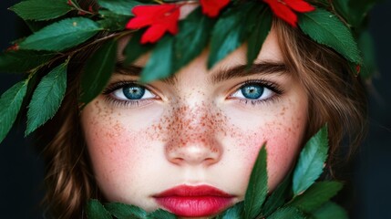 Canvas Print - beautiful woman with red flowers in her hair