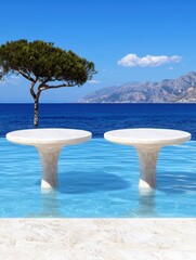 Wall Mural - Serene Mediterranean landscape with pool and mountain view