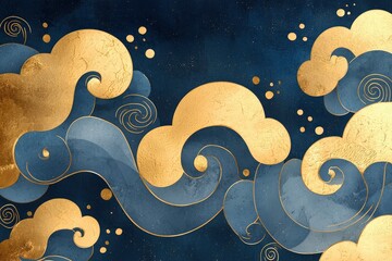 Poster - Abstract Blue and Gold Swirling Clouds Pattern