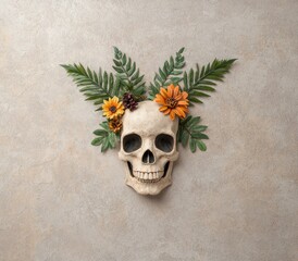 Wall Mural - Skull with tropical flowers and leaves