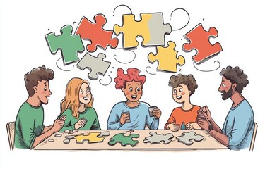 Meeting at a round table with puzzle piece speech sticks