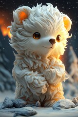 Cute White Furry Bear Cub in Winter Wonderland