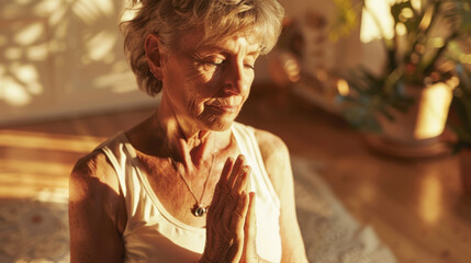 Wall Mural - A close-up shot of an elderly woman in a yoga pose, focusing on her hands and expression, the background is a softly