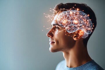 Poster - Profile of a young man with a digital brain network illuminated symbolizing cognitive enhancement innovation in AI and the interconnectedness of human and artificial intelligence