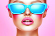© Avelino - A woman with pink blush and pink lipstick wears blue sunglasses. Generated by AI.