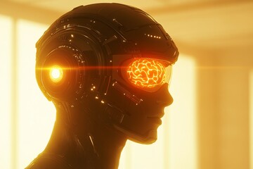 Poster - Silhouetted figure of a cyborg with glowing red eye symbolizing the integration of human traits with robotic intelligence blending organic life with cybernetic enhancements in a dystopian future