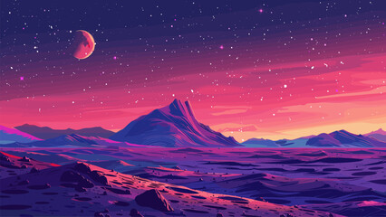 martian landscape. space view, planet moon mountains stars panorama horizon surface alien desert arid stone vector illustration