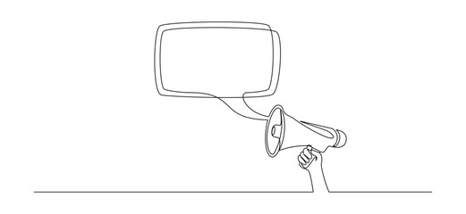 Poster - One continuous line drawing of loudspeaker bullhorn with speech balloon. Megaphone speaker symbol of marketing promotion in simple linear style. Job offer concept editable stroke. Vector illustration