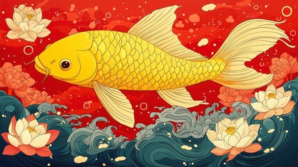 Sticker - Golden Koi Fish in Water with Lotus Flowers