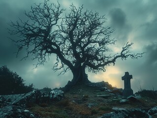 Canvas Print - Spooky Graveyard with a Tree