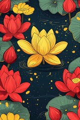 Poster - Lotus Flowers in a Pond at Night