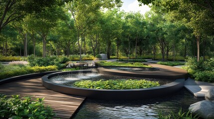 Wall Mural - Modern Zen Garden Design with Water Features and Wooden Path